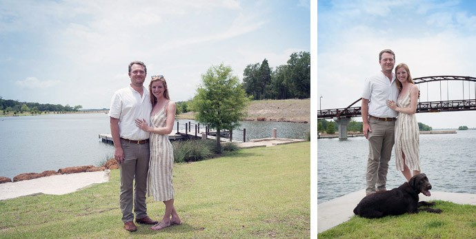 Newly engaged couple standing lakeside at Long Cove