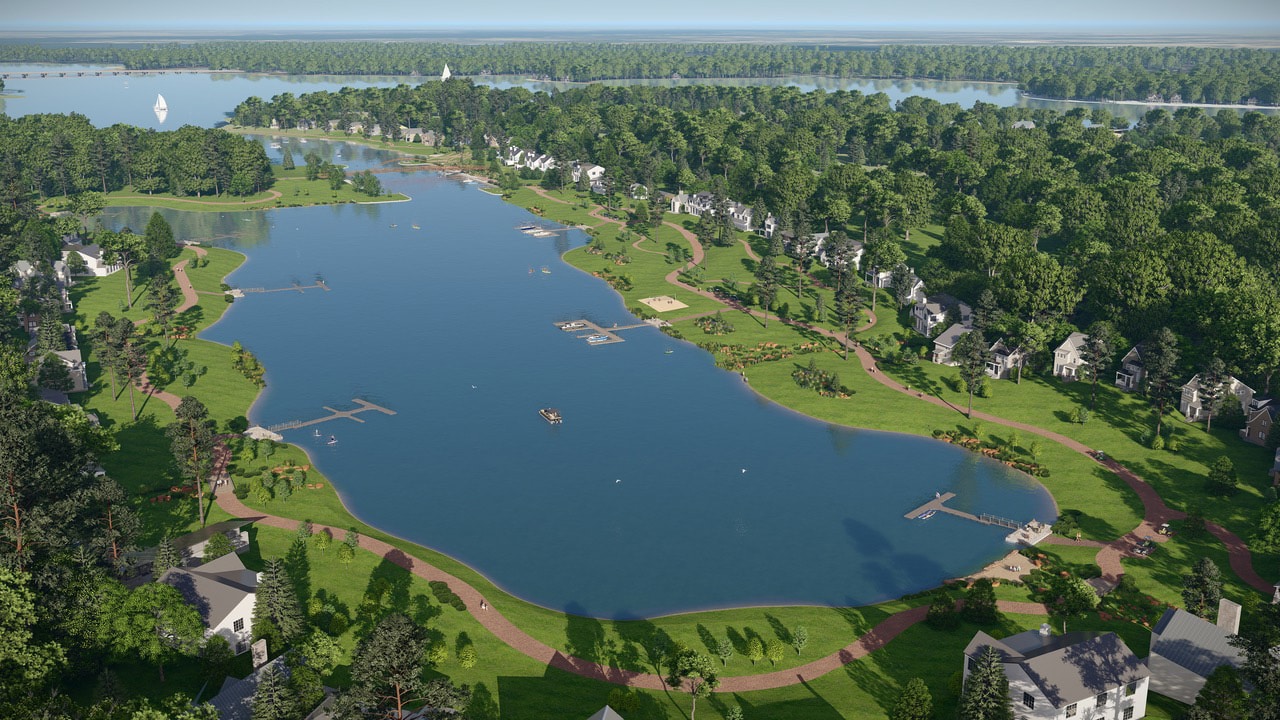 Arial view of Long Cove at Cedar Creek Lake with boats and shoreline homes