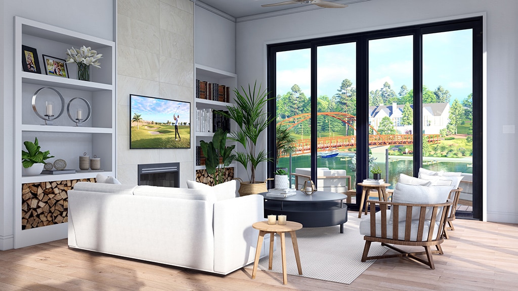 Living room view of Cape Home at Long Cove with lake and bridge seen through floor to ceiling windows