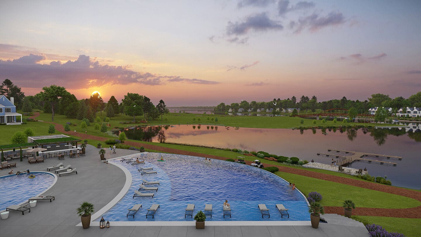 Large infinity pool overlooking Cedar Creek Lake with people enjoying the sunset