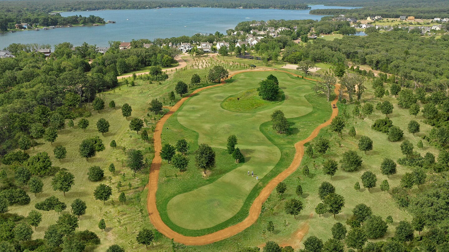 Birdseye view of Long Cove Gold Course with Cedar Creek Lake in background